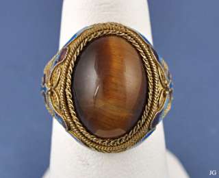Vintage Chinese Silver Filigree Tigers Eye Enamel Ring  
