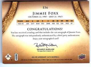 Jimmie Foxx Autographed Signed 2011 Upper Deck SP Legendary Cuts Card 