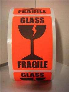 FRAGILE GLASS flourescent red/orange Warning Stickers Labels  