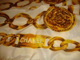 CHANEL Gold Chain On White patterned CHAIN Scarf 35 x 35  