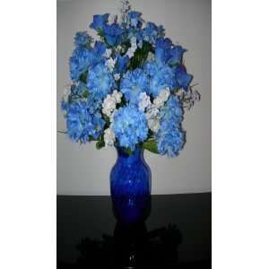  Blue Carnations Silk Floral Arrangement in Blue Glass Vase 