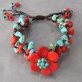 Handmade White Turquoise and Coral Flower Cuff Bracelet (Thailand 