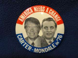 Original 1976 Carter Mondale campaign button. Measures 3.5 in 