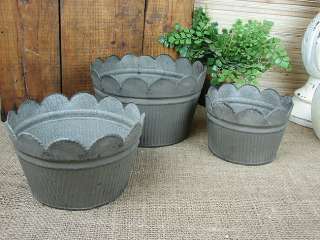 Shabby Cottage Chic Antique Style Scalloped Tin Buckets Trio  