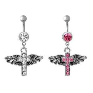  316L Surgical Steel Cross with Wings Belly Ring with Pink 