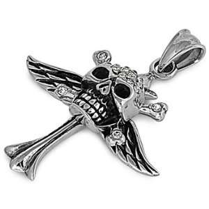  Steel Pendant   Skull with Wings and Cross Jewelry