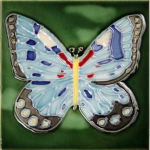   Ceramic Art Tile   4 x 4   Light Blue Butterfly on Green: Home