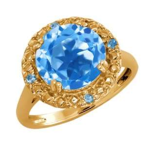   Genuine Round Swiss Blue Topaz Gemstone 18k Yellow Gold Ring Jewelry