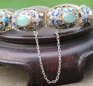   Antique Chinese Gilt Silver Filigree Enamel & Jade Cabochon Bracelet