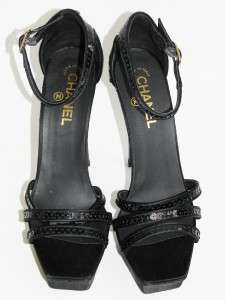 CHANEL CC Black Satin Sequin Ankle Strap Platform Sandal Shoe 40 NEW 