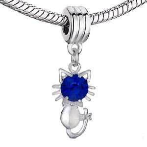 Cute Kitty Sapphire Crystal September Birthstone Dangle Silver Beads 
