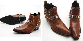 Mens Brown Metal Chain Western Biker Boots Shoe US 7~10  