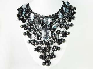   Net Mesh Gothic Victorian Heart Crystal Faux Pearl Necklace Bib  