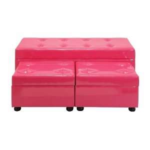   Set/ 3 Hot Pink Leather Ottoman Bench + 2 Foots Patio, Lawn & Garden