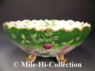  FRANCE HAND PAINTED PINK CLOVERS LARGE CLAW FOOTED PUNCH BOWL  