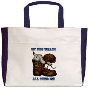    Beach Tote Navy My Dog Walks All Over Me Puppy 