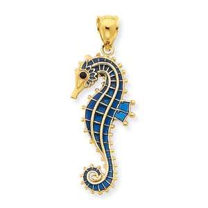  14k Gold 3 D Blue Enameled Seahorse Pendant Jewelry