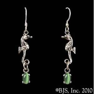 Seahorse Earrings with Gem, Sterling Silver, Green set gemstone 