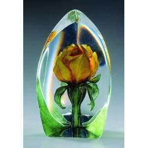 Large Rose Yellow Flower Etched Crystal Sculpture by Mats 