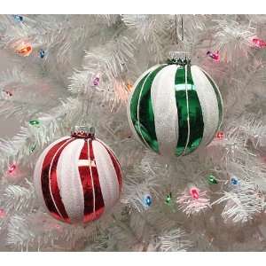  2 Festive Red & Green Candy Stripe Glass Ball Christmas 