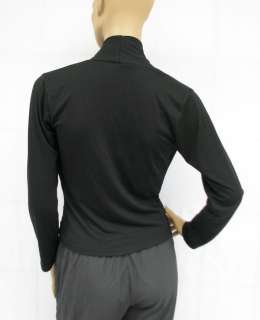 BL889DW BLACK PLUNGE RUCHED LONG SLEEVES STRETCH TOP BLOUSE L  