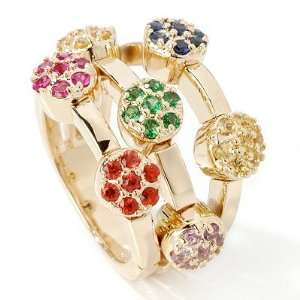  14K Gold Multi Gemstone Three Row Flex Band Ring Jewelry