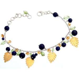 Lapis Lazuli, Peridot and Citrine Bracelet with Gold Plated Leaves 