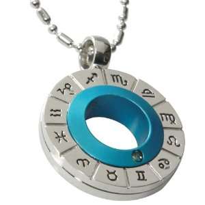 Zodiac Symbol Blue Spinning Circle Cubic Zirconia Stainless Steel 