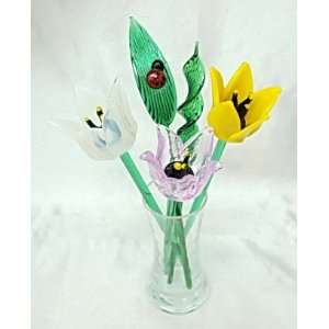  New Hand Blown Glass Spring Tulip Set of Flowers in Glass 