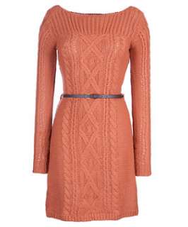 Dark Red (Red) Cable Knit Belted Jumper Dress  221062661  New Look