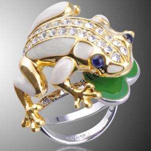   Party Jewelry Clear Crystal Blue Eyes Frog Gold GP Ring KSR005  