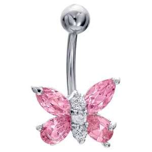 Pink CZ Winged Butterfly Belly Button Navel Ring: Jewelry