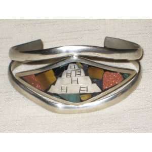 Vintage Mexican Mexico Alpaca Silver Inlaid Cuff Bracelet 31.9 Grams 1 