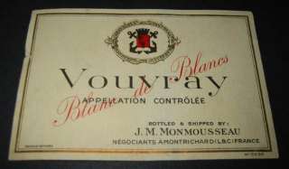 Old French WINE LABEL   VOUVRAY   JM Monmousseau  