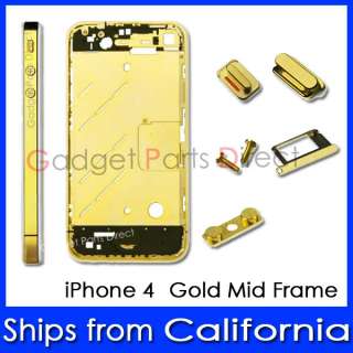 iPhone 4 GOLD Metal Bezel Midframe Mid Chassis Complete Set w/ Sim 