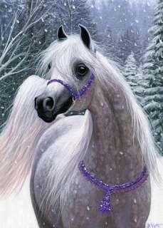 Grey arabian horse winter snow limited edition aceo print art  