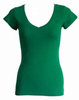  Ladies Green Plain T Shirt Round V Neck Cap Sleeves 