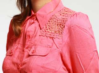 MOGAN Crochet Lace Yoke Tie Front BLOUSE 3/4 Rolled Sleeve Button 