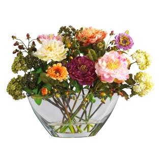 Silk Mixed Peony Glass Bowl Artificial Flower Arrangement ~ Great 