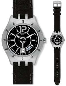 NEW Swatch YTS400 Black Dial Black Leatherette Watch  