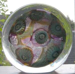 ROBERT EICKHOLT ART GLASS DISC PAPERWEIGHT TITLED OLD SEA 2004  