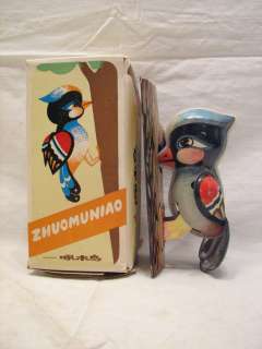 JAPAN TIN LITHO WINDUP WOODPECKER BIRD TOY ZHUOMUNIAO  