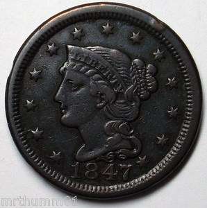 1847 BRAIDED HAIR LARGE COPPER CENT SM DATE RARE # 8  