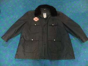 Vintage Firefighter winter jacket coat long fur collar hood XXL blue 