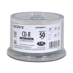 Sony 50 Pack 700MB 48X CD R Discs, White Inkjet Printable at 