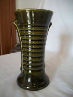 Vintage Brush/McCoy Dark Green Glaze Ringed Vase  