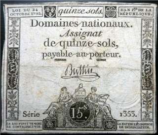 Genuine French Revolution Period Banknote. 15 Sols. Dated 1792  