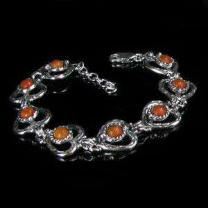 925 Sterling Silver REAL Orange Coral Heart Bracelet  