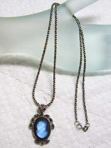   Marcasite & Irredescent Luminous Glass Cameo Pendant Necklace  