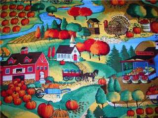 New Fall Autumn Farm Holiday Turkey Pumpkins Fabric BTY Country Store 